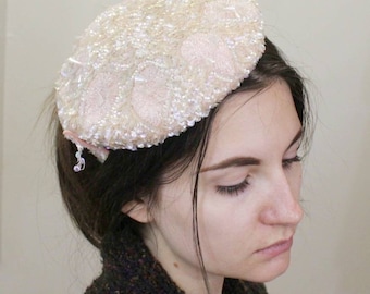 Boina Fascinator Lentejuelas Rosa Palo Vintage 50s Con Cuentas 60s