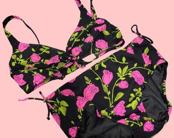 Vintage 70s Psychedelic Floral Swimsuit by Van Raalte Floral Little Black Bikini