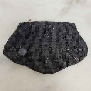 Vintage 30s Evening Bag  Heavily Beaded Small  Black Clutch with Side Strap Dance purse- Vintage blk beaded button detail tiny clutch