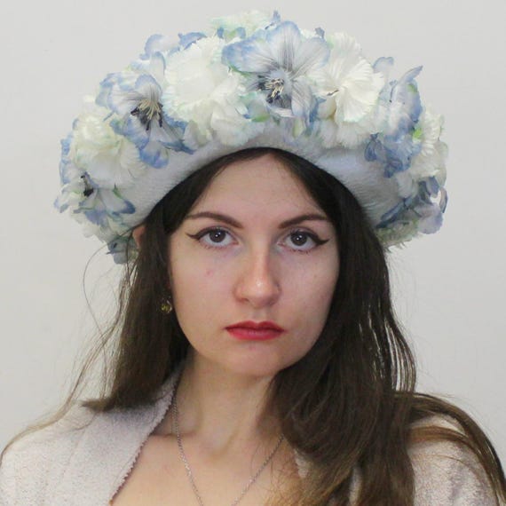 Vintage 60s Flower Hat-3-d Blue Flowers With Hat Box - Etsy  display picture 3