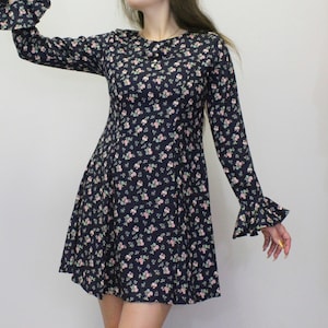 Vintage 60s Floral Babydoll Dress - bk Floral Handmade Ruffle Sleeve Dress