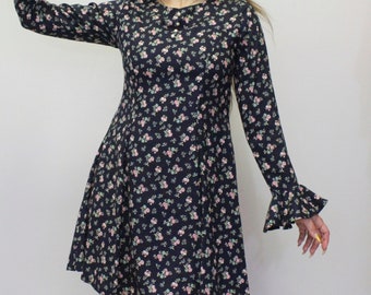 Vintage 60s Floral Babydoll Dress - bk Floral Handmade Ruffle Sleeve Dress