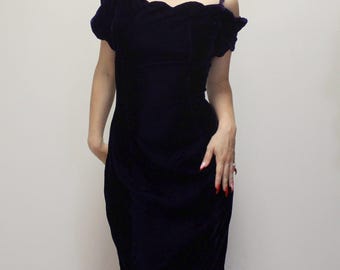 Vintage 90s Purple Velvet Off the Shoulder Cocktail Dress by Moda Intl