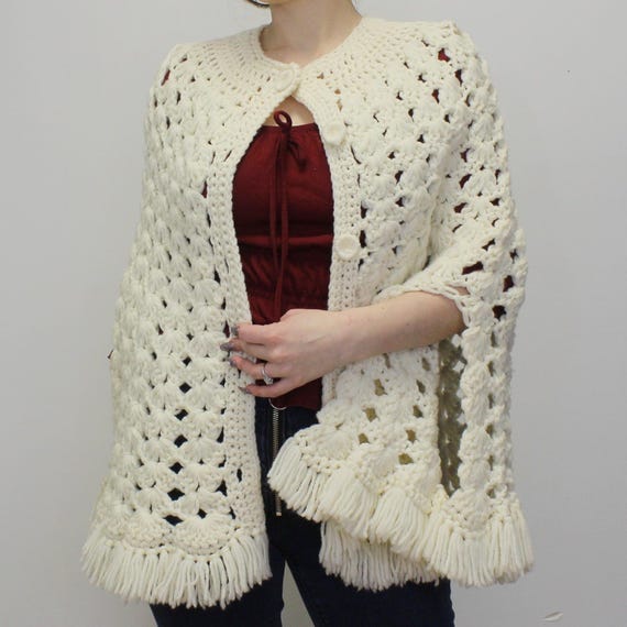 Vintage 60s Fringe Crochet Knit Poncho Cape- Crea… - image 3