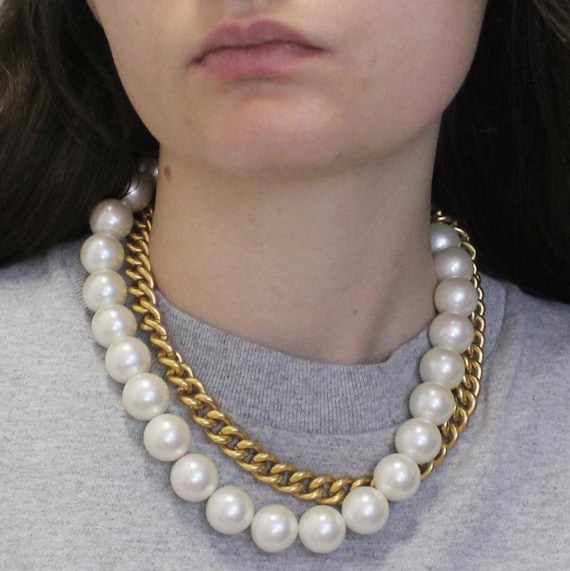 Vintage 90s Anne Klein Signed Faux Pearl Necklace With Chunky Gold