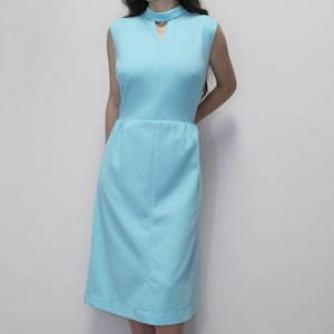 Vintage 60s Mod Midi Dress with Cutout and Collar - Turq 60s Poly Cutout Neck Shiftdress