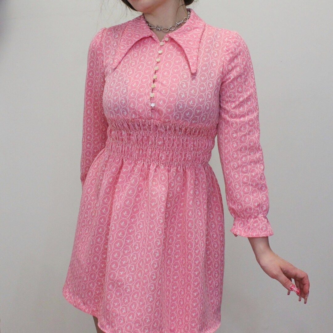 Vintage 70s Collared Micro-mini Dress Pink Babydoll Dagger Collar Dress ...