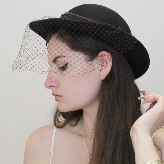 Vintage 60s Felt Sun Hat With Birdcage Veil and Ribbon 
