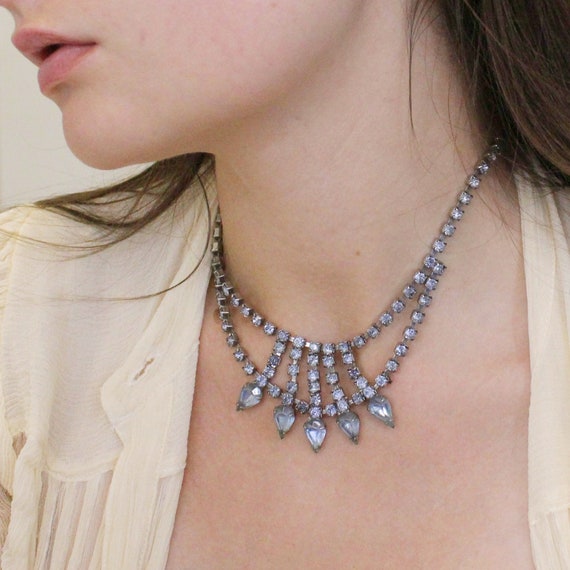 Vintage 50s Blue Rhinestone Necklace Glam Fancy F… - image 7