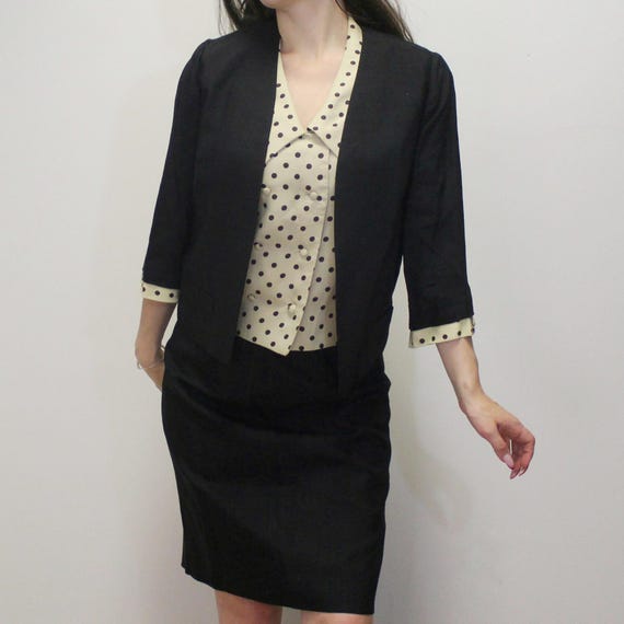 Vintage 60s Piece Suit Set Pencil Skirt Polka Dot Top and Blazer