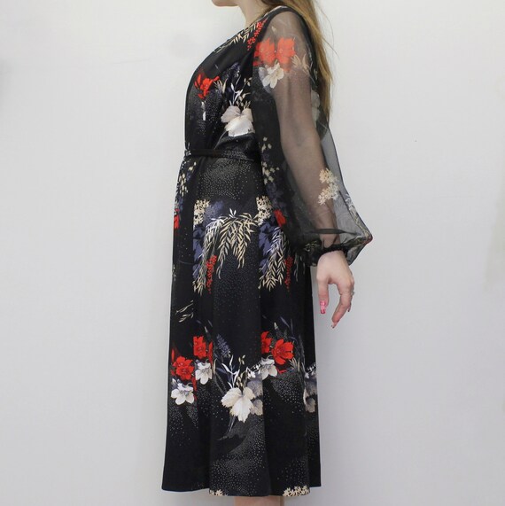 Vintage 70s Floral Midi Dress With Sheer Long Bal… - image 3