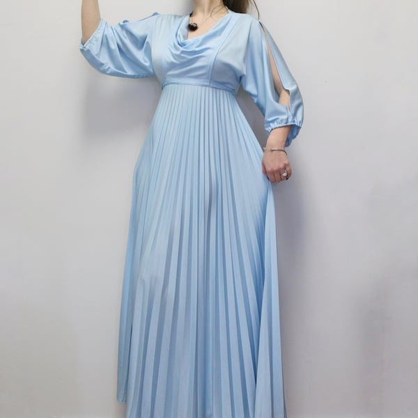 Vintage 70s Prom Dress Sky Blue Pleated A line Disco Dress Split 3/4 Sleeves - Baby Blue Polyester