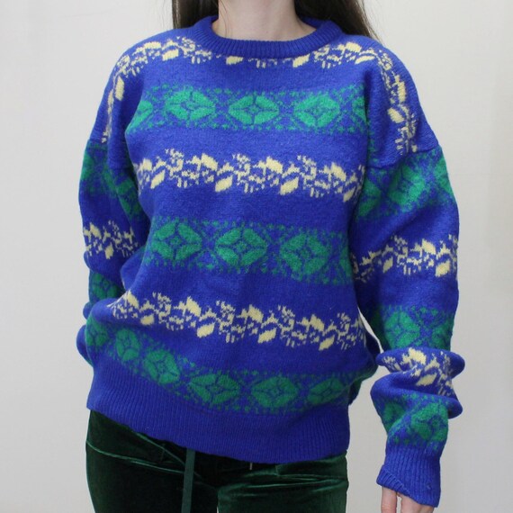 Vintage 80er Jahre Blau Strickpullover Gemusterte Shetland Wolle