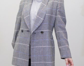 Vintage 90s Blazer Houndstooth Plaid Suit Coat by Ellen Kaye Suit - Toots Black Blazer
