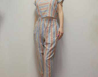 Vintage 80s Outfit Set! Matching Striped Pants and Top