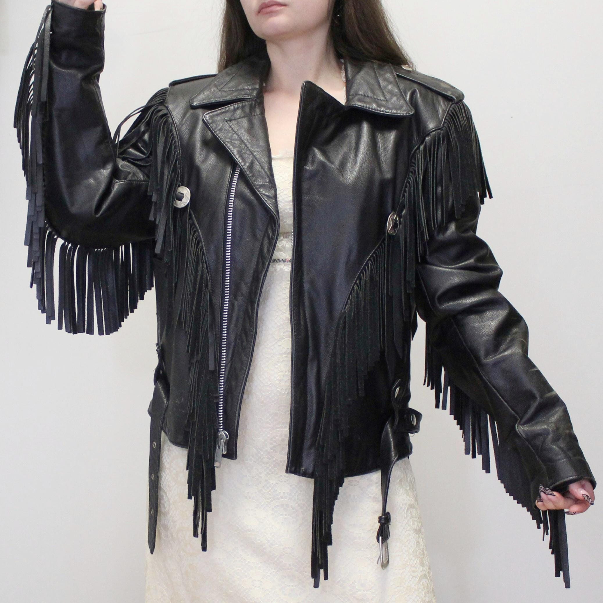 ジャケット・アウター leather fringe concho blouson black XL Vintage 90s Leather Fringe Moto Jacket With Concho Accents