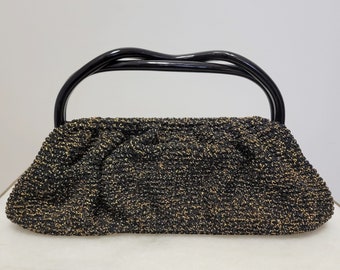 Vintage 70s Woven Handbag - Vintage Black and Gold Clutch