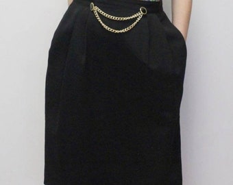 Vintage 90s Black Mini Skirt 1990s Black Skirt with Gold Chain Waist Detail by Jennifer Moore