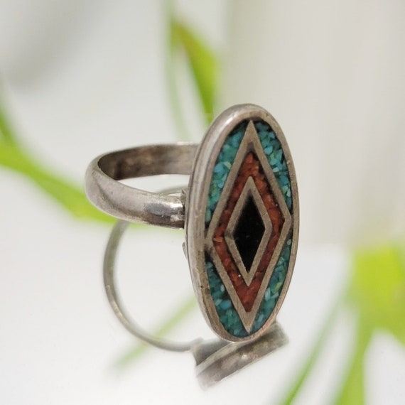Vintage 60s Coral and Turquoise Chip Ring with di… - image 2