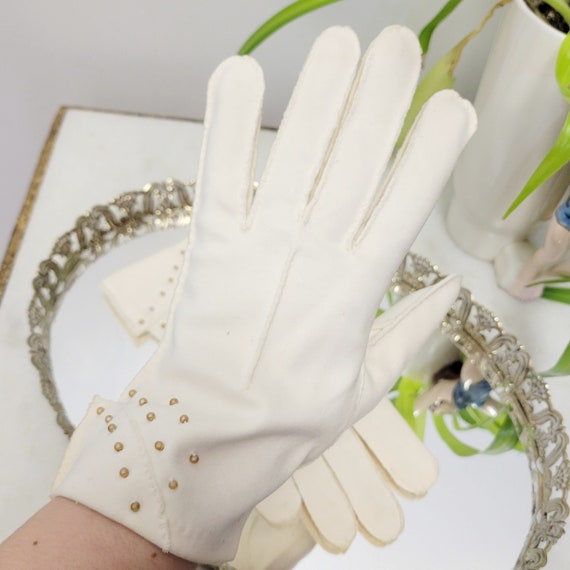 Vintage 50s Formal Gloves Beaded cuffed cream Glo… - image 2