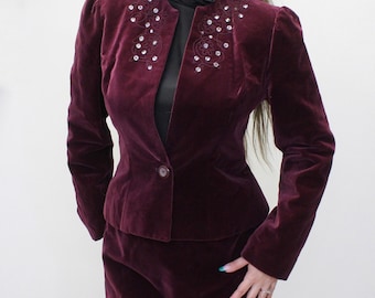 Vintage 70s Outfit Set Maroon High Waisted Knee Length Skirt and Matching Rhinestone Jacket by Kirkland Hall