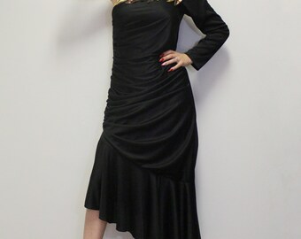 Vintage 80s Formal Disco Dress Black Sequined Ruched One Shoulder Cocktail Dress