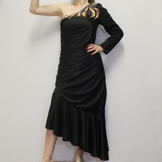 Vintage 80s Formal Disco Dress Black Sequined Ruched One Shoulder Cocktail Dress Vintage 80s Formal Disco Dress Black Sequined Ruched One Shoulder Cocktail Dress