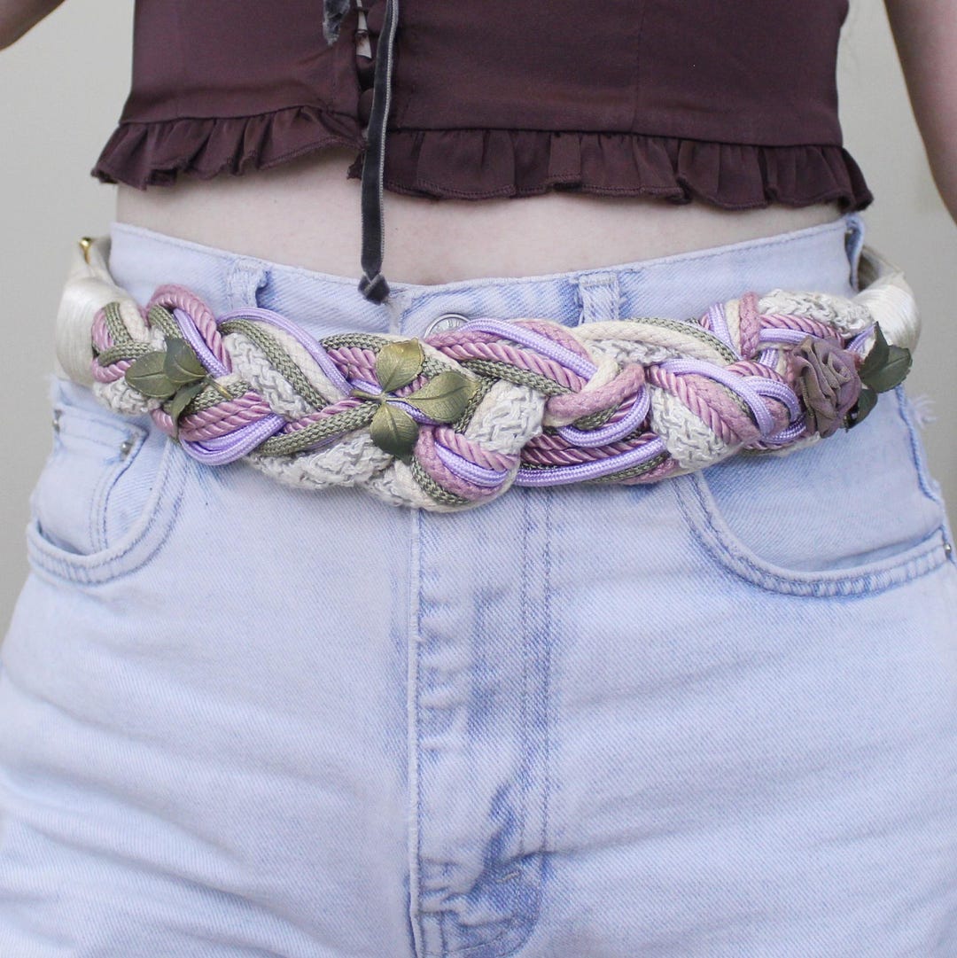 Vintage 80s Pastel Braided Belt With Floral & Metal Leaf  display picture 1