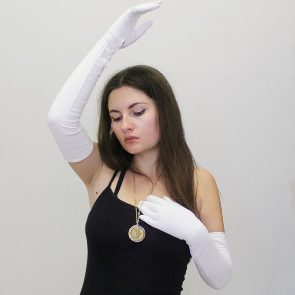 Vintage 60s Deadstock Opera Gloves with Pearly Buttons Extra Length Formal Gloves - 9AC595