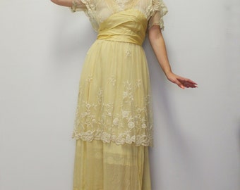 Vintage Edwardian Tea Dress Intricate Delicate Layered Net and Lace Tiered Maxi Dress with 3-D Rosettes Rose Titanic Dress