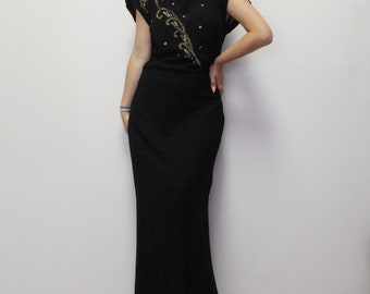 Vintage 40s Black Evening Gown Elegant Maxi Dress - Vintage blk sequin detail chest maxi