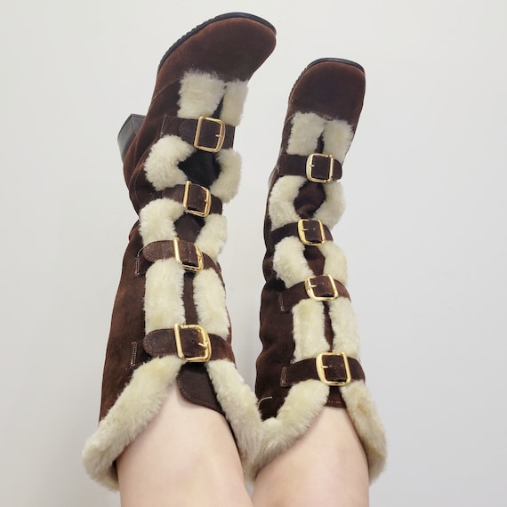 Vintage 70s Furry Boots! Go-Go Knee high brown su… - image 7