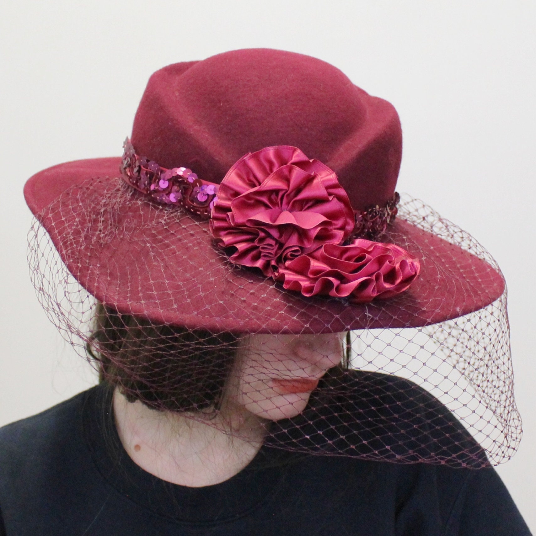 Vintage 50s Wool Sun Hat With Veil by Lancaster- Burg Sequin  display picture 1