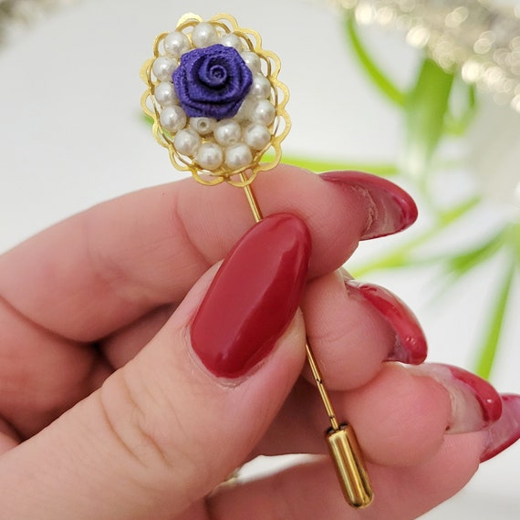 Vintage 80s Stick Pin with faux pearls and Purple… - image 1