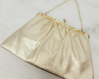 Vintage 70s Metallic Gold Purse with Rhinestone Details