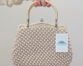 Vintage 60s Beaded Handbag By Mantessa Taupe faceted Beaded bag with lock and top handles - Tan Beaded Mantessa Purse 60s