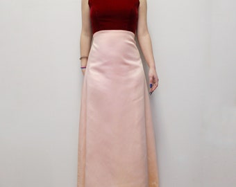 Vintage 60s Red Velvet and Pink Maxi Dress Valentine Romantic Evening Gown - Red Velvet Pink Satin Gown