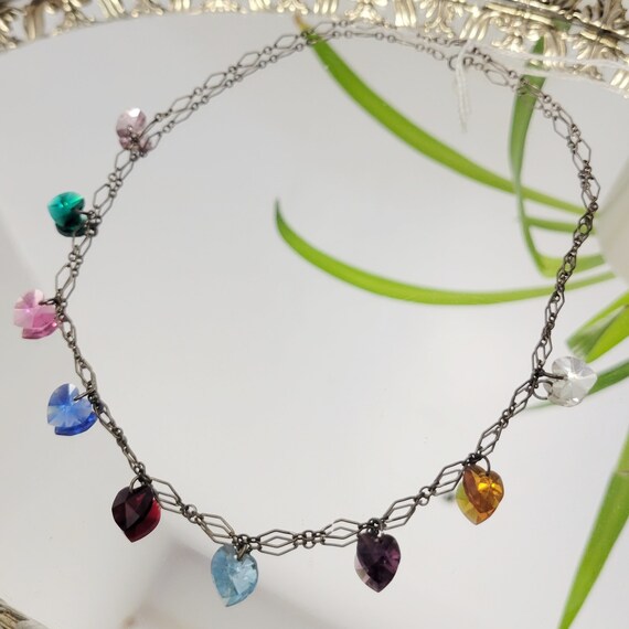 Vintage 20s Glass Heart Necklace Multicolor Facet… - image 6