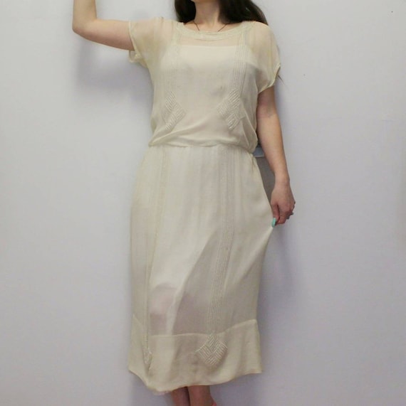 Vintage 30s Beaded Glamorous Dress-Cream Beaded 3… - image 1
