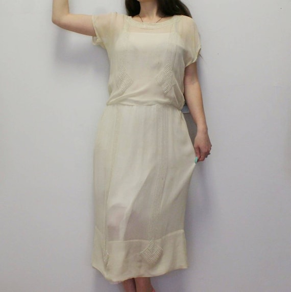 Vintage 30s Beaded Glamorous Dress-Cream Beaded 30