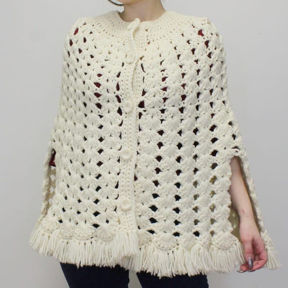 Vintage 60s Fringe Crochet Knit Poncho Cape- Crea… - image 2
