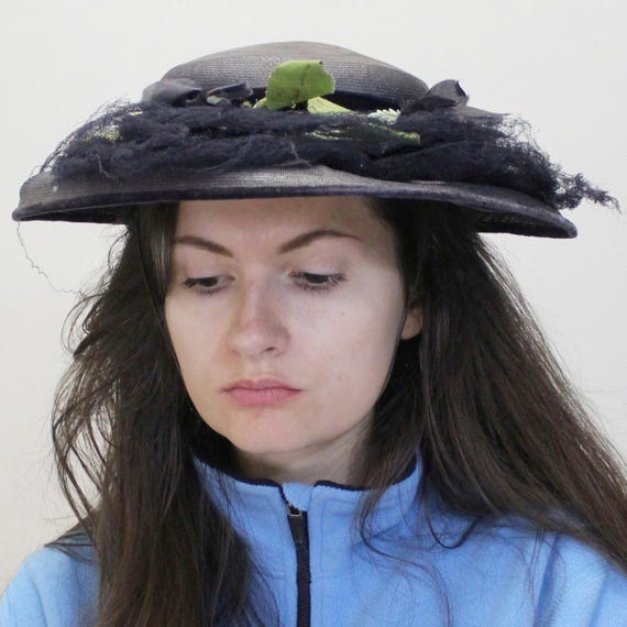 Vintage 40s Cartwheel Hat Navy Florwer Sun Hat by Hattie  display picture 1