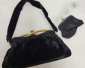 Vintage 40s Black Velvet Tiny Purse with Coin Purse by Garay