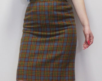 Vintage 60s Plaid High Waisted Pencil Skirt Preppy Academia -Plaid Wool Pencil Skirt Vintage