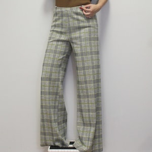 Vintage 70s Plaid Bell Bottoms Gray Yellow Black High Waisted Pants by Montgomery Ward plaid pants