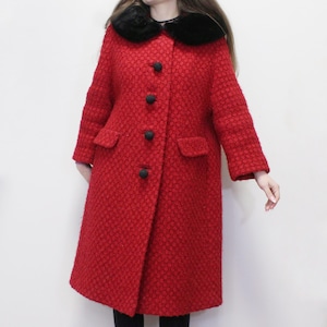 RARE Vintage 60s Red Tweed Swing Coat Midi Length Heavy Winter Coat with Fur Collar and Big Mod Ball Buttons by Lockett