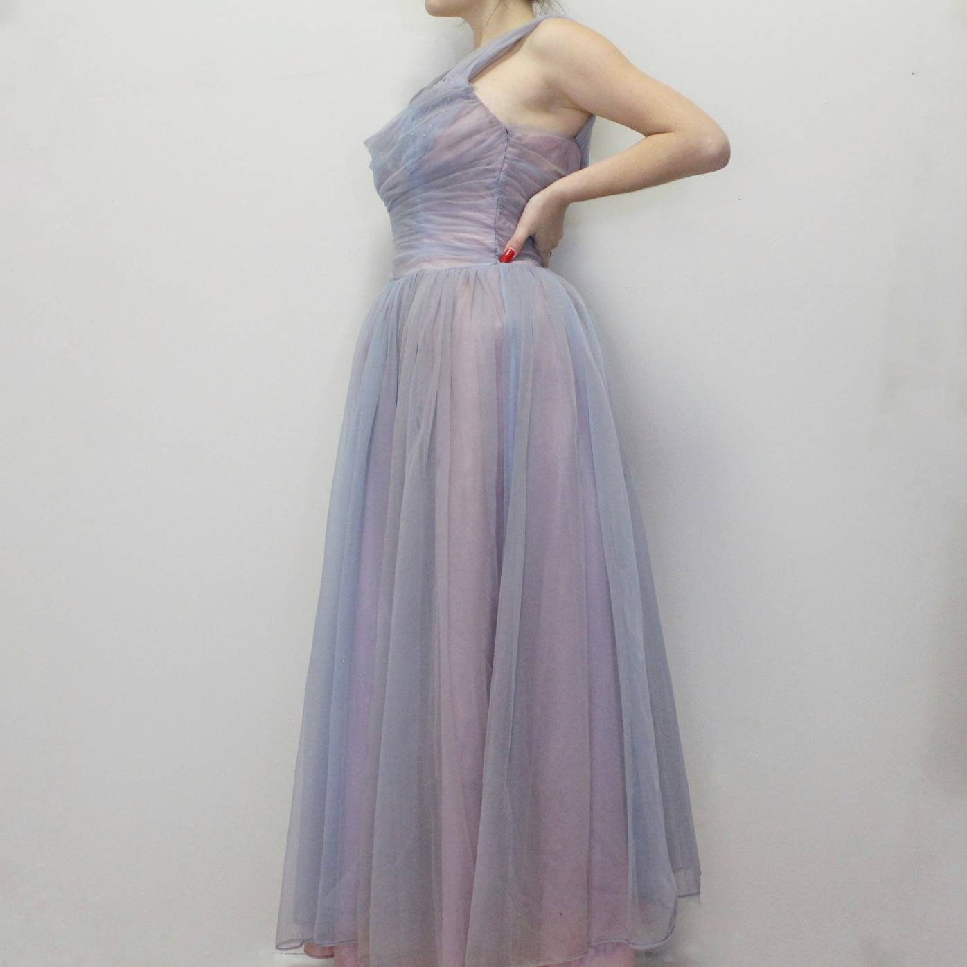 Vintage 50s Prom Dress V-neck Pleated Mermaid Gala Gown Evening Dress    D5269