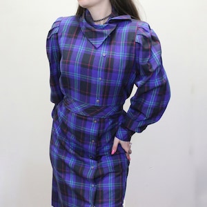 Vintage 80s Plaid Secretary Dress 100% Silk Dress with matching Belt by Nicole Miller