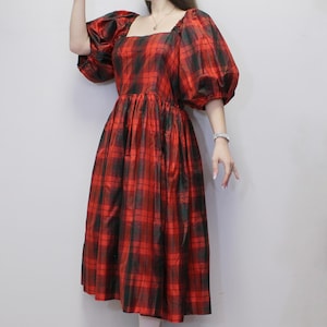 Extremely Rare Unusual 80s 100% Silk Ritu Kumar for Judith Ann Red Plaid Puff Sleeve Babydoll Midi Dress