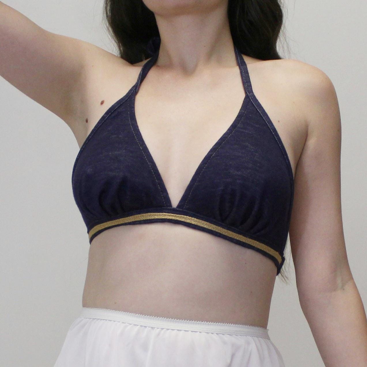 Vintage 70s Faux Denim Bikini Top with Halter Tie and Hemp Band - Vintage Denim Hemp Band Bikini Top